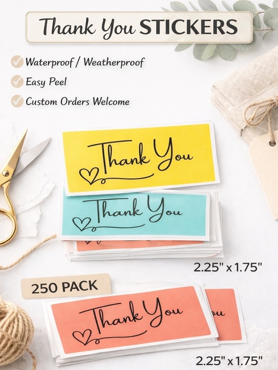Handmade Other - 250 Thank You Sticker Pack Mulicolor Simple Small Business Packaging Stickers